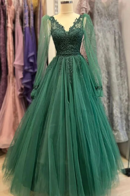 high-waisted dressGreen tulle beads V Neck long Sleeve prom dress green evening dress Y6811