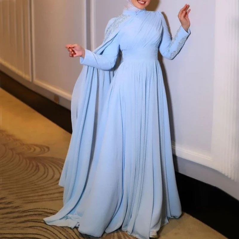 Price Slash casual day dressLight Sky Blue Prom Dresses for Hijab Women High Neck Long Sleeve Cape A Line Floor Length Sequined Muslim Evening Party Gowns Price Slash casual day dressLight Sky Blue Prom Dresses for Hijab Women High Neck Long Sleeve Cape A Line Floor Length Sequined Muslim Evening Party Gowns