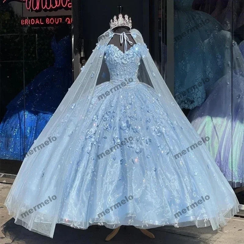 Price Cut chic dressLight Blue 3D Flower Off Shoulder Quinceanera Dresses With Cape Price Cut chic dressLight Blue 3D Flower Off Shoulder Quinceanera Dresses With Cape