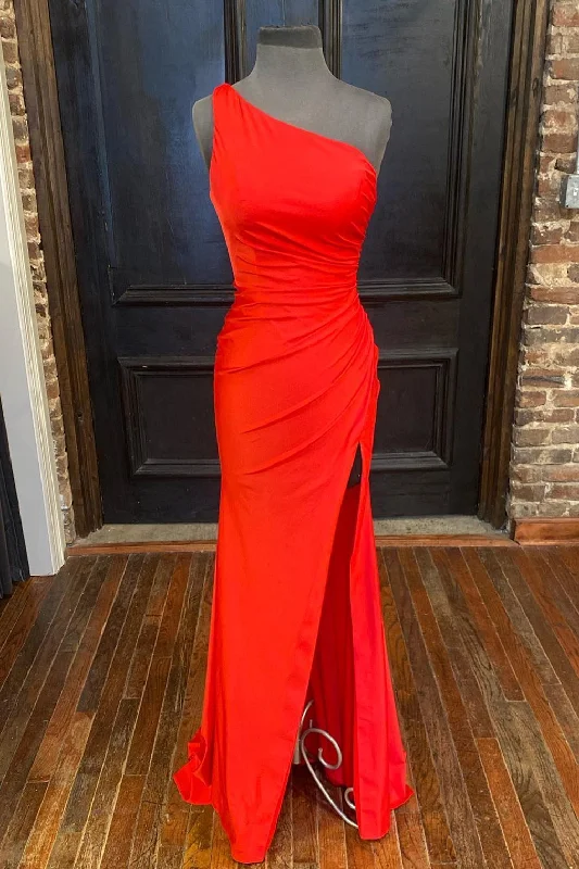 cocktail dressOne Shoulder Red Mermaid Long Prom Dress with Slit