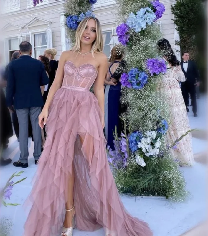 Great Bargains denim dressSexy Tube Top Split Legs Fishbone Slim A-line Prom Dresses Elegant Floor Length Vestidos De Noche
