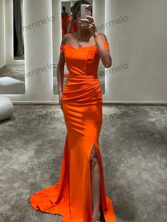 sophisticated dressOrange Off-the-Shoulder Prom Dress with Long Split Mermaid Style