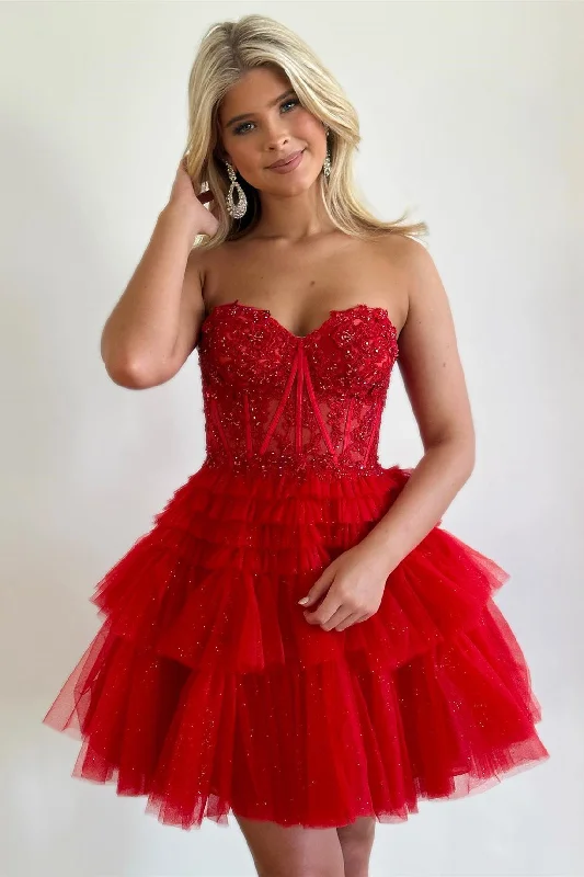 bodycon dressRed Strapless Appliques Tulle Multi-Layers Homecoming Dress