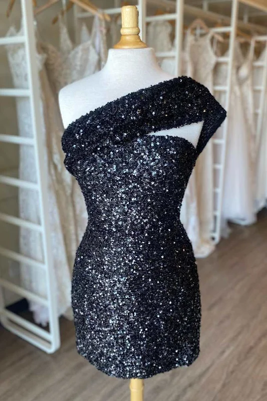 boho dressBlack Sequin One-Shoulder Mini Party Dress