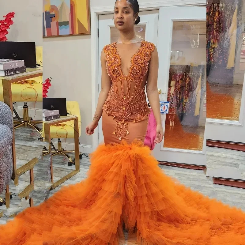 Special Discount sleek dressHigh Slit Orange Long Prom Dress for Black Girls Beaded Rhinestones Ruffles Women Party Gala Gown