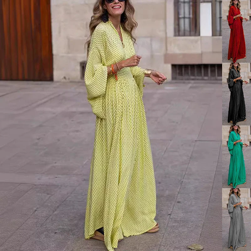 casual midi dressV-neck Bat-sleeved Long Dress Fashion Loose Waist-tighted Long Sleeve Dresses For Womens Clothing