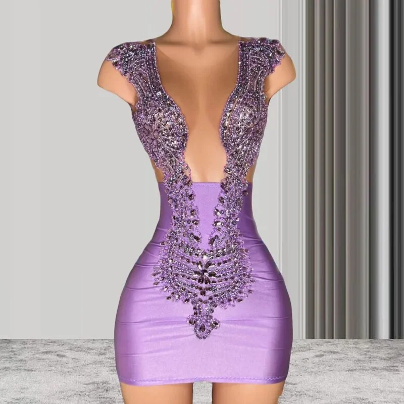 Blowout Deals winter dressLilac See Through Sheer Mesh Women African Cocktail Dresses Beaded Birthday Party Gowns Short Black Girl Prom Dresses Homecoming