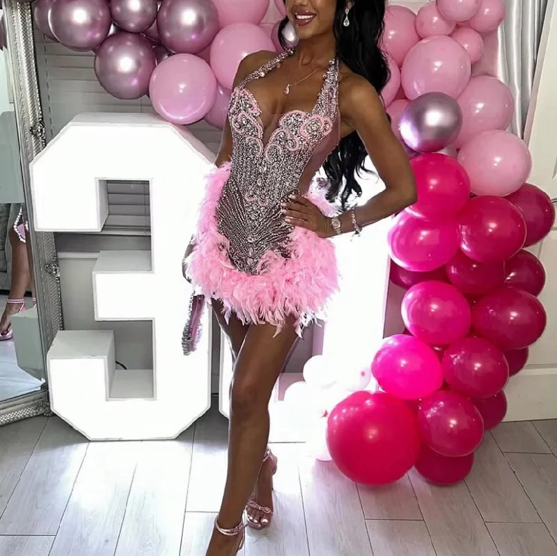 boho dressPink Halter Short Prom Dress For Black Girls 2024 Beaded Crystal Birthday Party Gowns Feathers Mini Cocktail Robe Aso Ebi