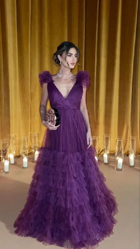 Fantastic Offers draped dressElegant Purple A-line V Neck Tulle Evening Dress Y5633