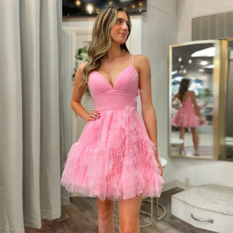 casual evening dressSexy short spaghetti with short homecoming evening dress V-neck pleated layered A-line formal party mini dress new style