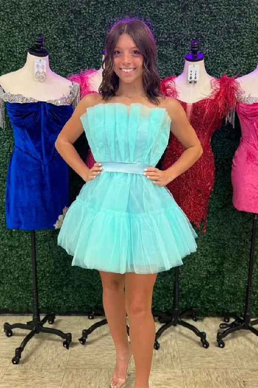 chic shift dressAqua Blue Strapless Pleated Beaded A-line Tulle Homecoming Dress