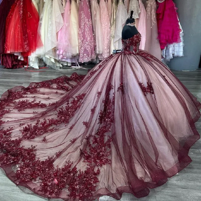 sleeveless dressBurgundy Princess Luxury Quinceanera Dresses Beaded Floral Applique Boning Corset vestidos para 15 años Sweet 16 Chapel Train