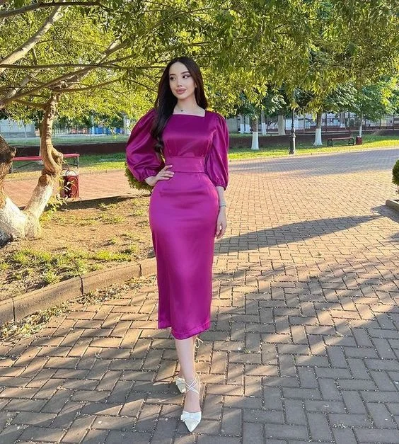 Discount Extravaganza classic fit-and-flare dressElegant Sheath Midi-length Satin Prom Dress Y6993