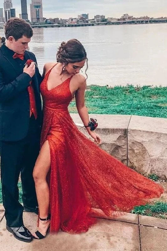 Friends and Family Sale relaxed fit dressSparkly V Neck A-Line Red Long Prom Dress with Slit
