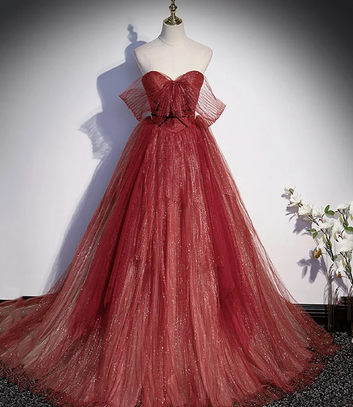 A-line dressBurgundy tulle sequins long prom dress A line evening gown s55