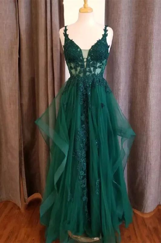 Price Drop textured dressHunter Green Flower Straps Deep V Neck Appliques Ruffles Long Prom Dress Y6810 Price Drop textured dressHunter Green Flower Straps Deep V Neck Appliques Ruffles Long Prom Dress Y6810