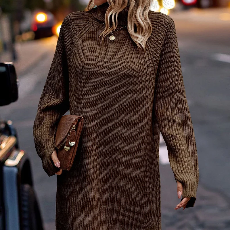 knit dressFashion Slit Pullover High-neck Dress Lady