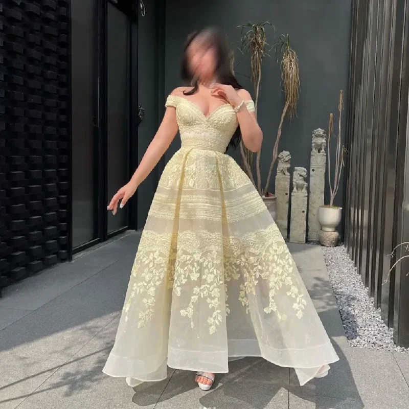 Overstock wrap-around dressLace Applique Floor-Length Slim A-LINE High-end Custom Gown Sunflower Exquisite V-Neck Off the Shoulder Tulle Evening Dres Overstock wrap-around dressLace Applique Floor-Length Slim A-LINE High-end Custom Gown Sunflower Exquisite V-Neck Off the Shoulder Tulle Evening Dres