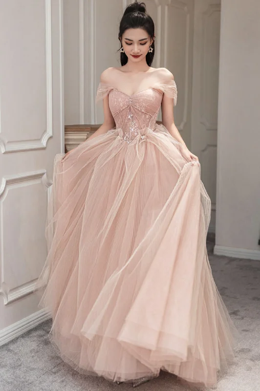 ruched dressPink Tulle Long Prom Dress Pink Evening Dress Y1825