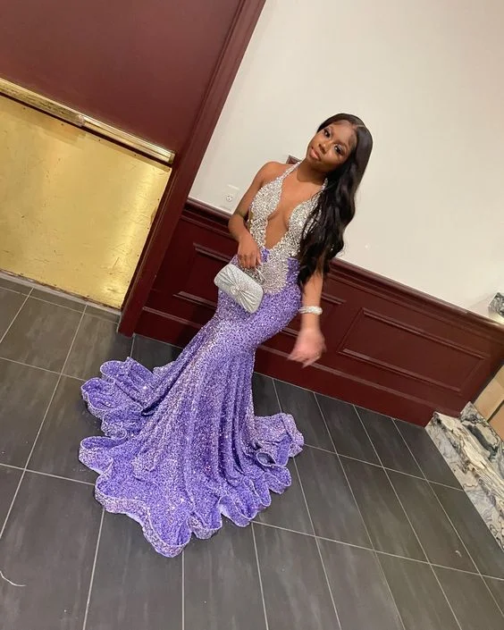 casual summer dressLuxurious Purple Sequins Mermaid Evening Dress For Black Girls Y7311