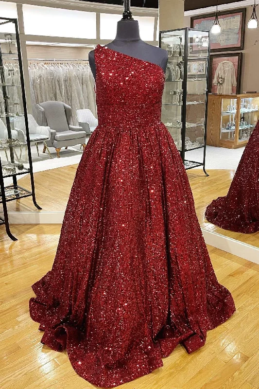 sleek midi dressWine Red Sequin One-Shoulder Ball Gown