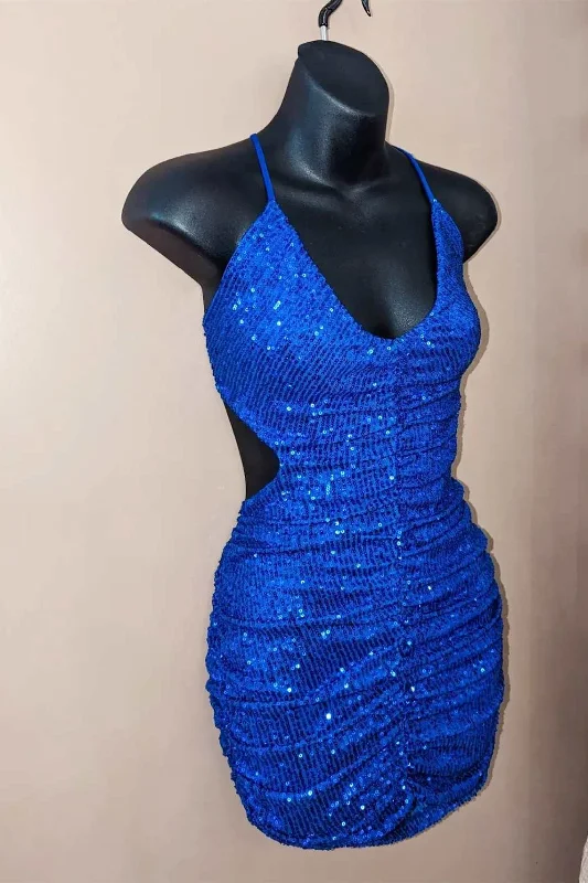 chic slip dressBlue Sequin Halter Tight Short Party Dress