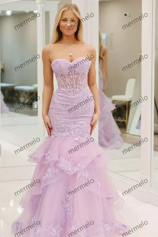 spaghetti strap dressStrapless Mermaid Princess Lavender Lace Prom Dress