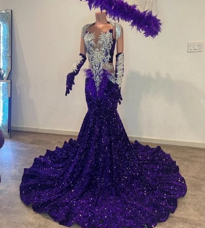 Special Discount layered dressEnigmatic Purple Velvet Sequin Mermaid Long Prom Dress Silver Tassels Crystal Christmas Dress Black Girls Wedding Party Gown
