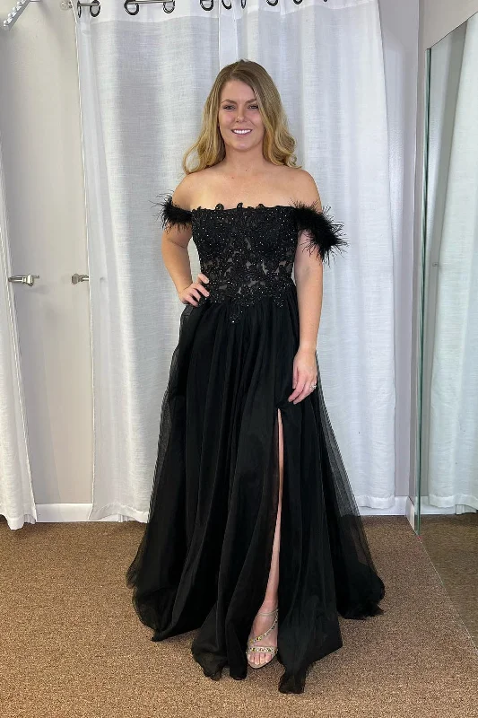 trendy dressBlack Tulle Off-Shoulder Applique Slit Long Prom Dress