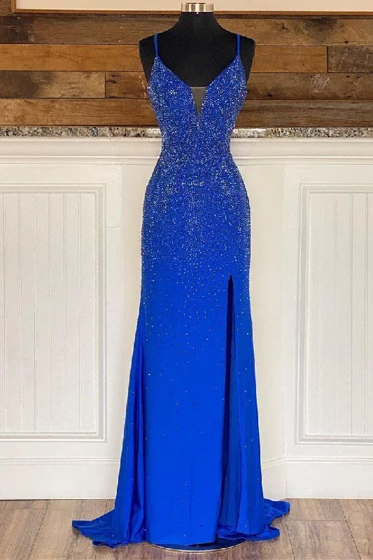 summer dressRoyal Blue Beaded V-Neck Mermaid Long Prom Dress Y7384