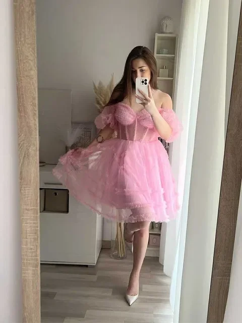 Deal Dash pleated dressPrincess Pink Prom Dresses Fairy Off The Shoulder Knee Length Party Dress Formal Evening Gowns Summer Vestidos De Gala