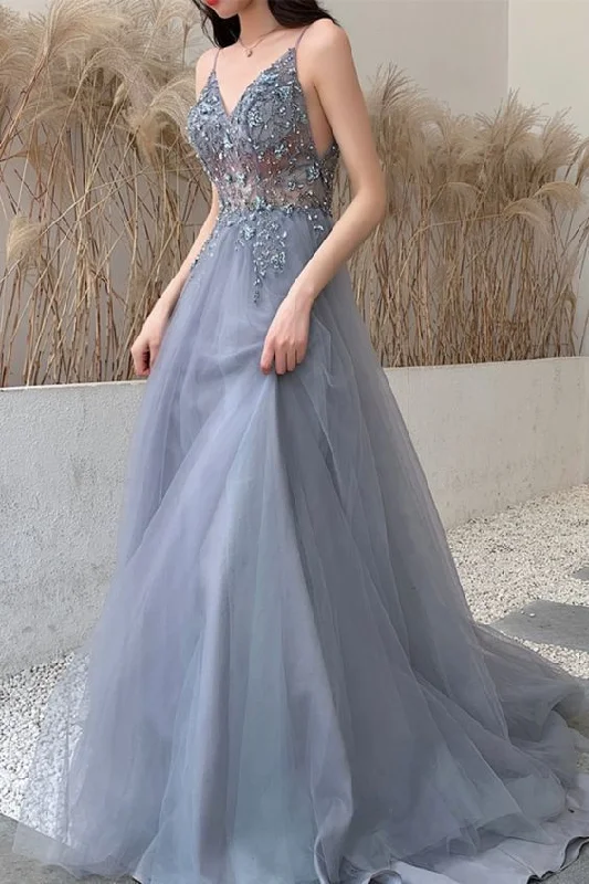 casual slip dressdusty blue long prom dress with spaghetti straps and beaded bodice evening dress S7915