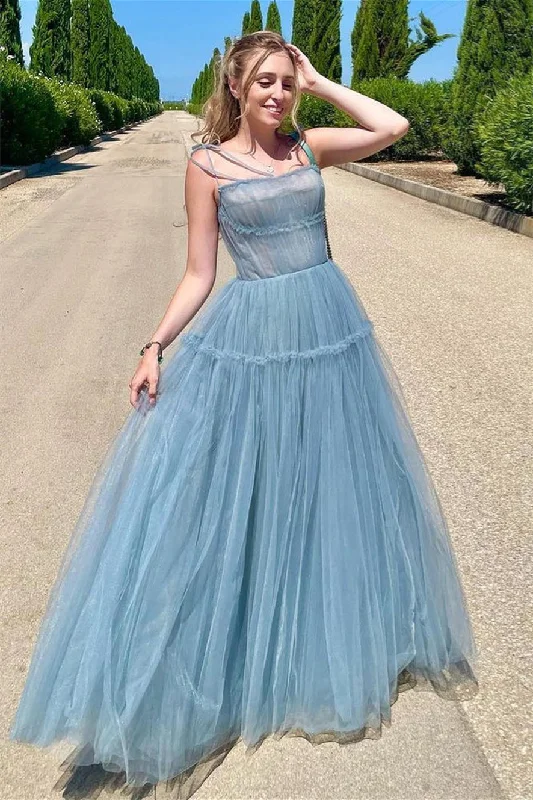 sleek dressDusty Blue Tulle Bow Tie Shoulder Ruffle Long Prom Dress