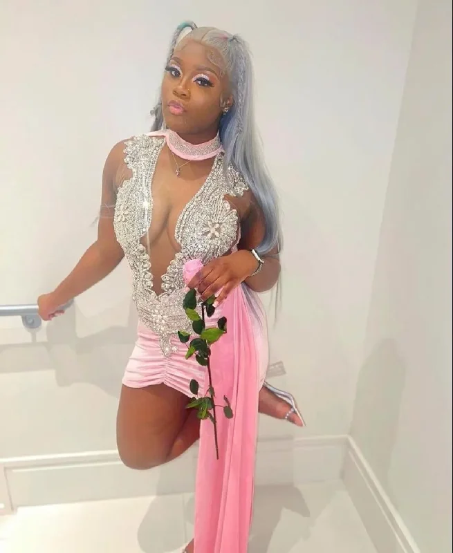 YEAR-End Sale floral wrap dressPink Crytals See Through Sheer African Cocktail Dresses Beaded Birthday Party Gowns Short Black Girl Prom Dresses Homecoming