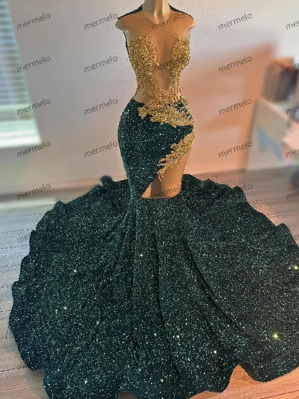 party-ready dressSexy Emerald Green Sequins Rhinestones Prom Dress For Black Girl