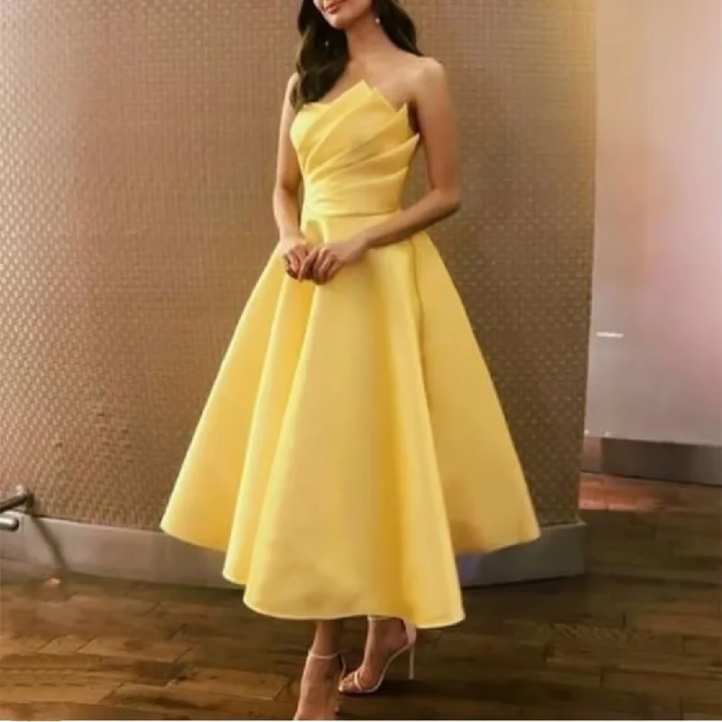 party dressYellow Short Strapless Prom Dresses Vestidos De Festa A-Line Tea Length Pleated Satin Formal Evening Party Gowns