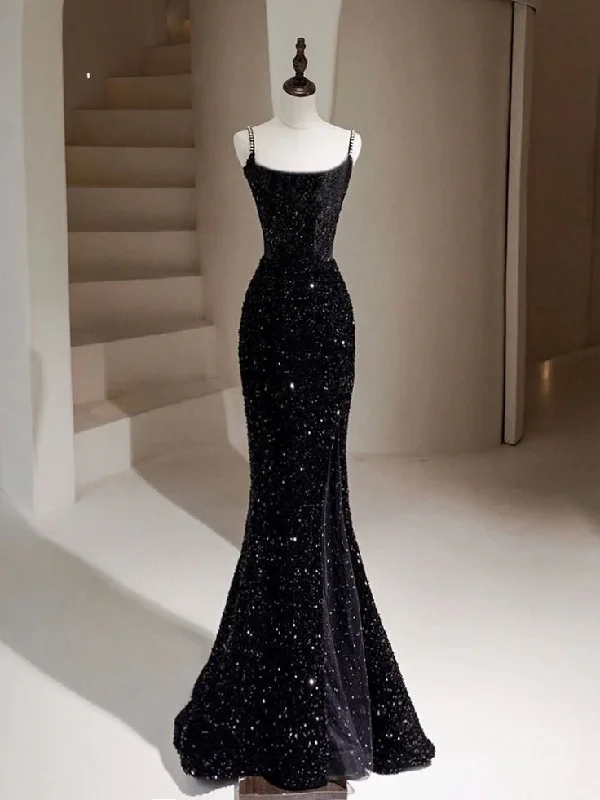 fitted bodycon dressBlack Mermaid Sequin Long Prom Dress, Black Formal Dress