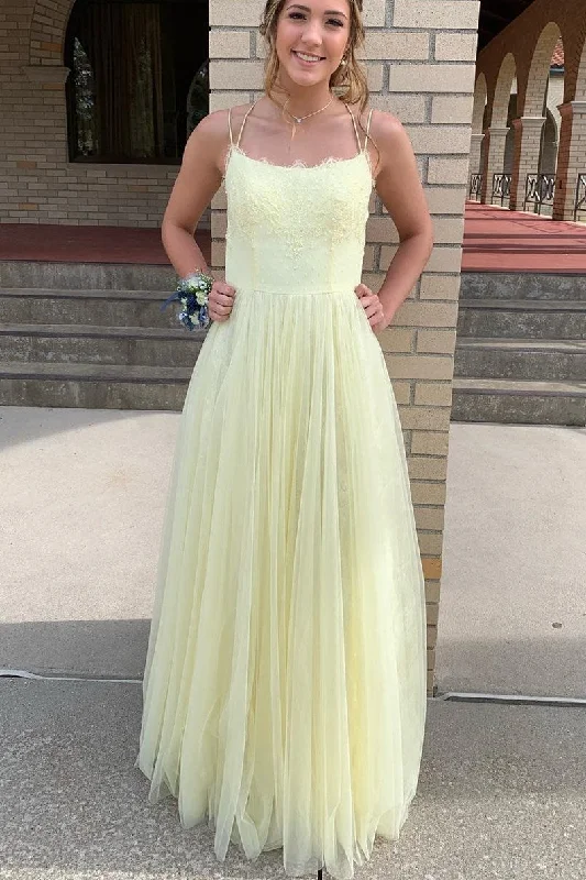 Members Only textured dressStraps A-Line Yellow Long Prom Dress with Slit