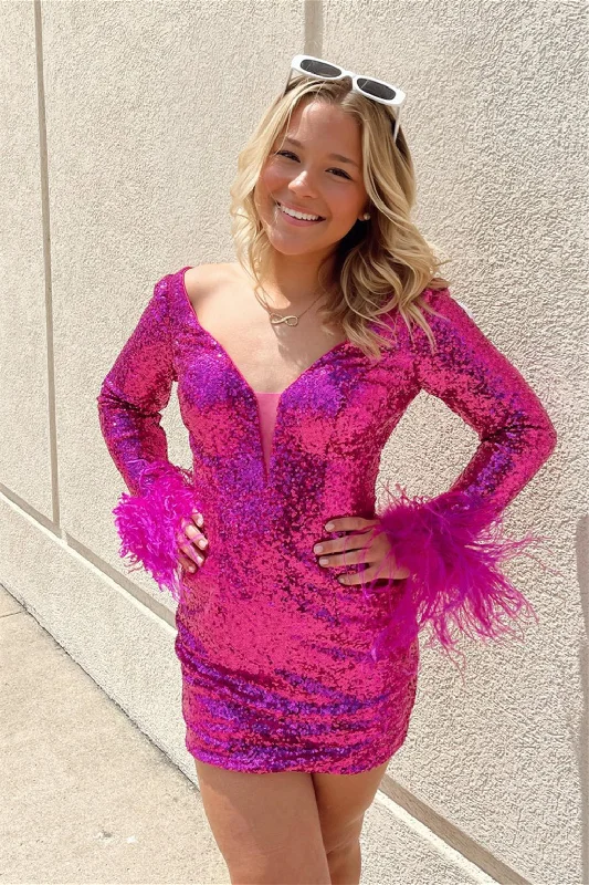 elegant maxi dressFuchsia Sequins Sheath Deep V Neck Long Sleeves Homecoming Dress with Feathers