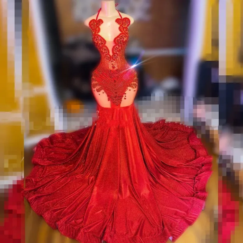 Price Buster flowy evening dressLuxury Red Prom Dresses For Black Girls 2024 Rhinestone Mermaid Party Gowns Halter Sequin Crystal Vestidos De Festa