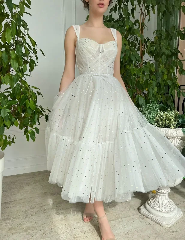 one-shoulder dressTulle Spaghetti Straps A-line Homecoming Dresses Sweetheart Backless Pleated Girl's Tea-length Prom Gowns With Little Stars