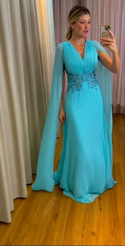 Discount Deals floral midi dressSky Blue Chiffon Mother of Bride and Groom Dress Evening Dress Y6266