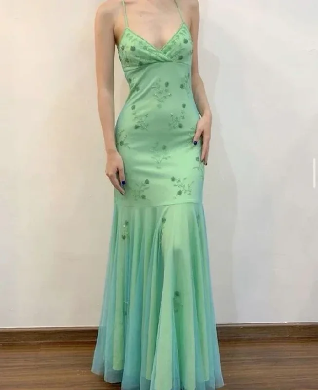 chic wrap dressVintage Mint Green Mermaid Beaded Long Prom Dress Evening Dress Y7747