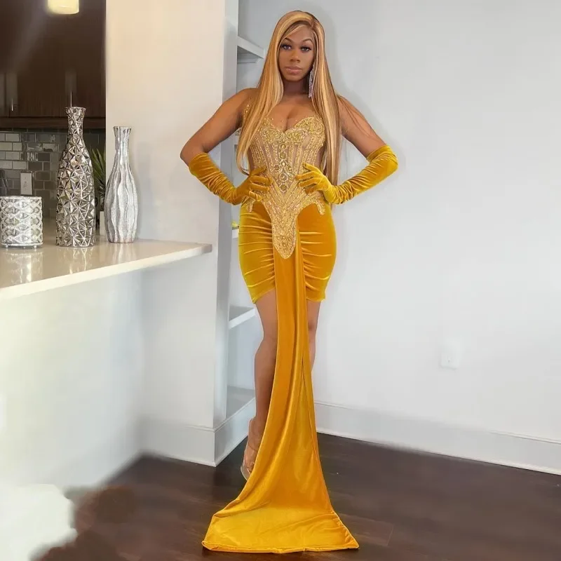 Discount Deals midi dressShort Gold Prom Dresses With Gloves Rhinestone Cocktail Party Gowns Beading African Women Birthday Outfit
