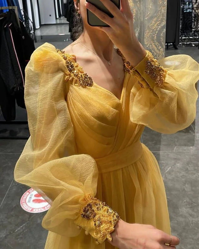 Major Savings high-waisted dressPuff Sleeves V Neck Tulle Slit Evening Dress Y5793 Major Savings high-waisted dressPuff Sleeves V Neck Tulle Slit Evening Dress Y5793