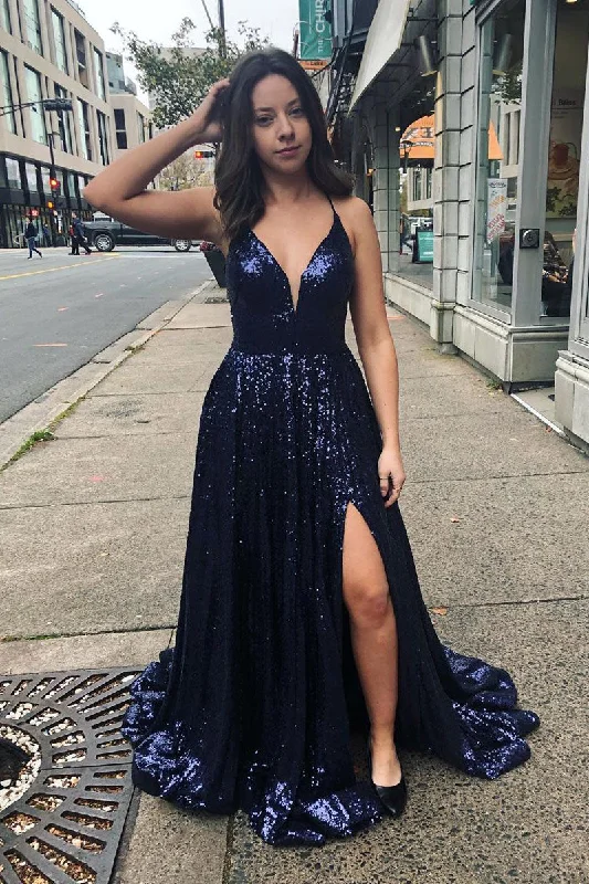 Weekend Deal casual knit dressSparkly Straps Navy Blue Sequin Long Prom Dress with Slit