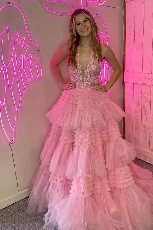 Best Deals elegant dressHalter Pink Appliques and Tulle Tiered Formal Dress