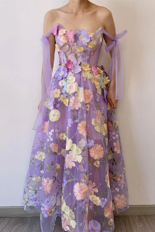 Overstock summer dressLavender Floral Embroidery A-line Formal Dress