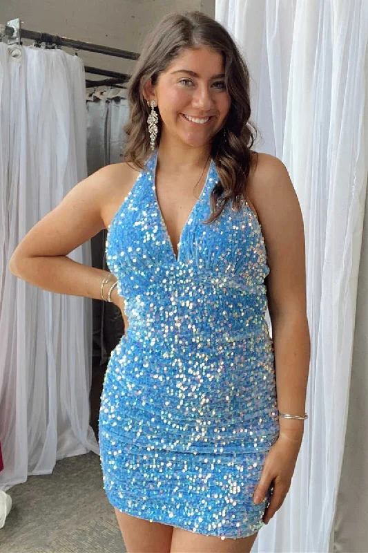 structured dressLight Blue Sequin Halter Bodycon Short Homecoming Gown