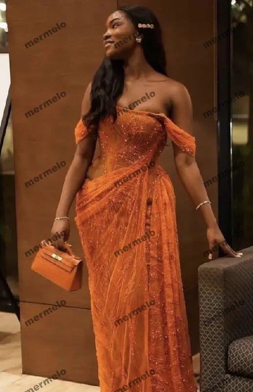 wool dressOrange Prom Dresses Off The Shoulder Birthday Outfits Long Formal Dress